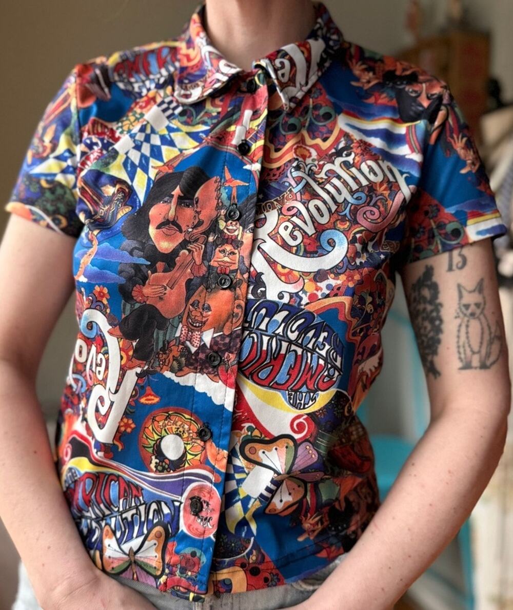 Vintage 90s Psychedelic Beatles Print Shirt | Pop Art Graphic Button Up | S/M